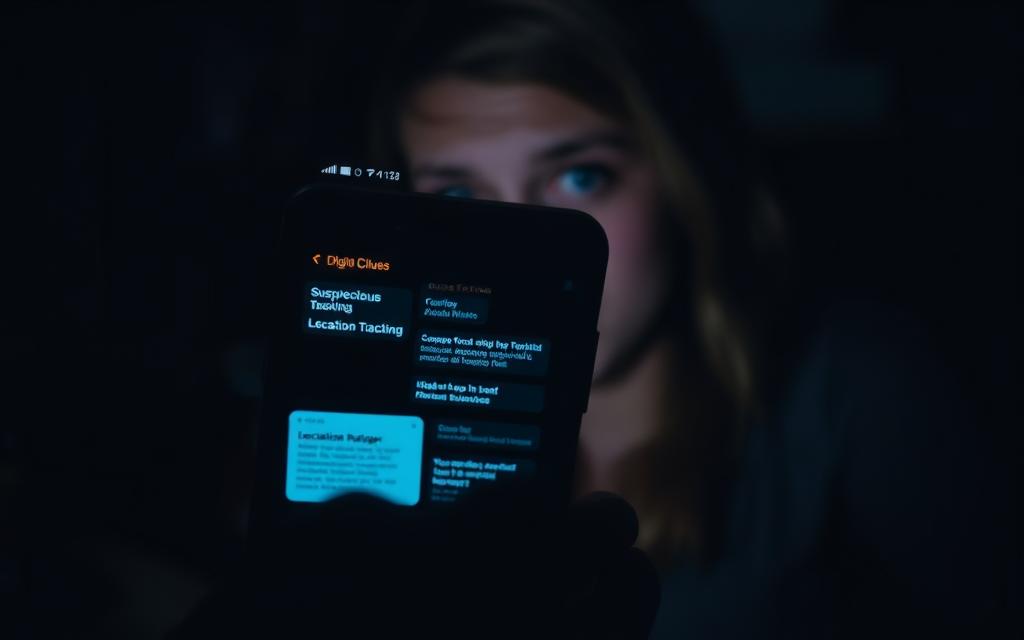 A dimly lit smartphone screen displays an array of digital clues - suspicious messages, location tracking, and hidden app usage, all hinting at a partner's potential infidelity. The foreground is focused on the phone, with a blurred, anxious-looking person in the background, reflecting the tension and unease that comes with uncovering these digital traces. The lighting is moody, with shadows and highlights emphasizing the sense of mystery and betrayal. The overall atmosphere conveys a sense of unease, uncertainty, and the unsettling discovery of hidden online behaviors.