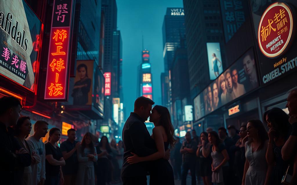 A dimly lit urban setting, with neon signs casting an ethereal glow. In the foreground, a couple engaged in a passionate embrace, their actions hinting at infidelity. The middle ground features a crowd of onlookers, their expressions ranging from judgment to indifference, symbolizing the societal pressures and cultural norms that influence cheating behavior. In the background, a maze of skyscrapers and billboards, representing the complex, fast-paced nature of modern life. The scene is captured with a cinematic, low-angle perspective, creating a sense of tension and unease. The overall atmosphere evokes a sense of moral ambiguity, reflecting the intricate psychological and societal factors that contribute to infidelity.