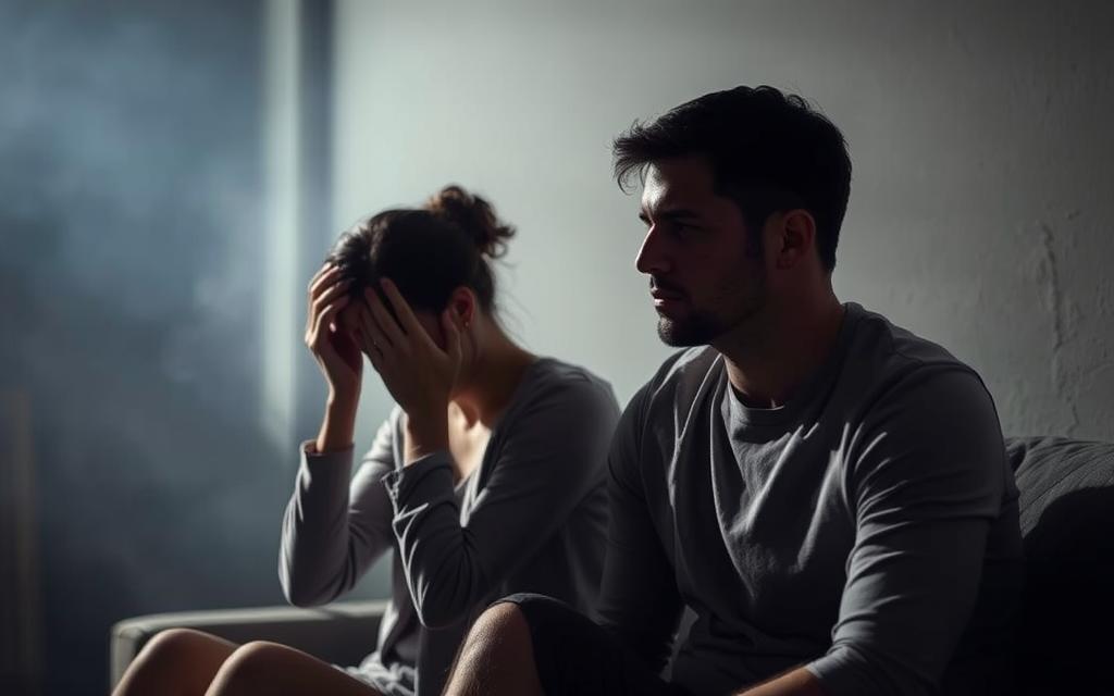 A distraught couple sits in a dimly lit room, the woman's head in her hands as the man looks away, his expression pained. The background is hazy, with muted colors and a sense of emotional turmoil. The lighting is somber, casting long shadows that symbolize the weight of the situation. The scene conveys the deep psychological impact of infidelity, with the couple's body language and the atmospheric setting reflecting the emotional distress and strain on their relationship.