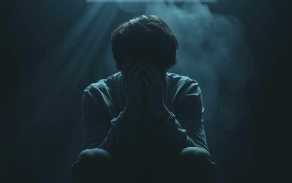 A distraught individual, face buried in trembling hands, sits amidst a dimly lit, muted environment. Shattered emotions and a sense of betrayal permeate the scene, captured in a raw, cinematic style. Muted hues of gray and blue envelop the figure, conveying the heaviness of the moment. Soft, diffused lighting casts long shadows, emphasizing the isolation and vulnerability. The composition draws the viewer's gaze inward, inviting contemplation of the profound impact of infidelity on one's psyche.