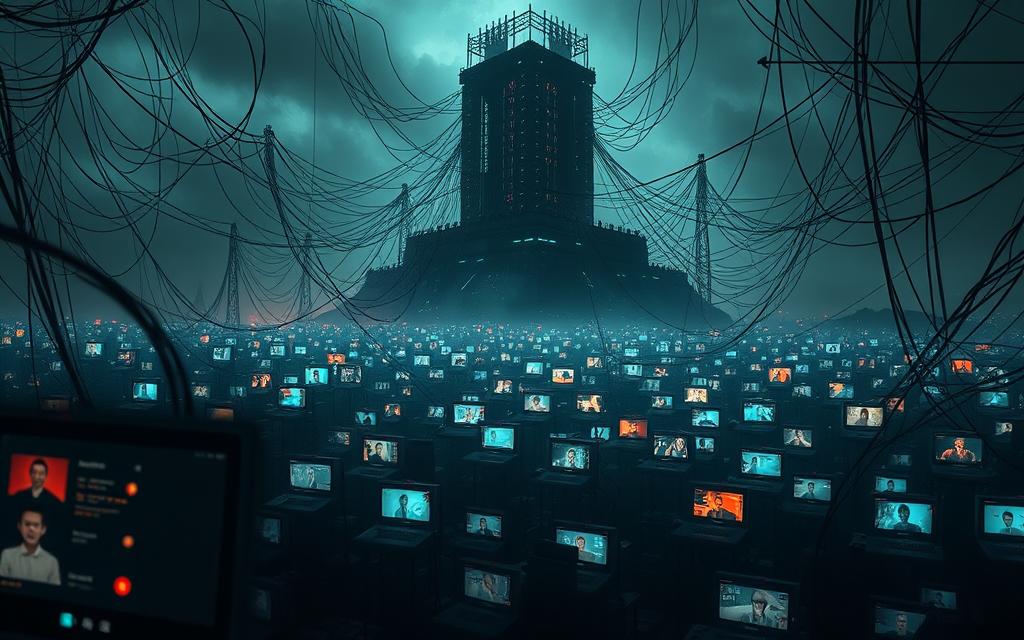 A dystopian digital landscape, a tangled web of deceit. In the foreground, glowing screens display suspicious messages and hidden conversations, casting an eerie glow. The middle ground is a maze of social media profiles, blurring the lines between reality and online personas. Towering in the background, a dark, towering digital fortress represents the complex infrastructure enabling this modern infidelity. Shadows loom, hinting at the secrets and betrayals hidden within. Harsh, directional lighting accentuates the harsh, angular architecture, creating a sense of unease and distrust. The overall atmosphere is one of unease, suspicion, and the unsettling reality of how technology has transformed the landscape of relationships and fidelity.