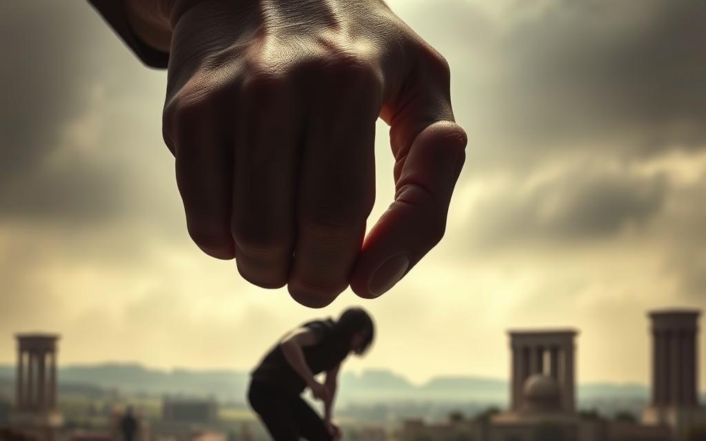 A grasping hand reaching out, fingers curled tightly, casting a looming shadow over a smaller, submissive figure cowering below. The scene bathed in harsh, dramatic lighting, creating deep contrasts and a sense of oppression. The background, a blurred and distorted landscape, suggests a world under the control of the dominant force. Architectural elements, like a towering edifice or imposing columns, loom in the distance, symbolizing the structures of power. The overall mood is one of unease, tension, and the unsettling dynamics of manipulation and control.