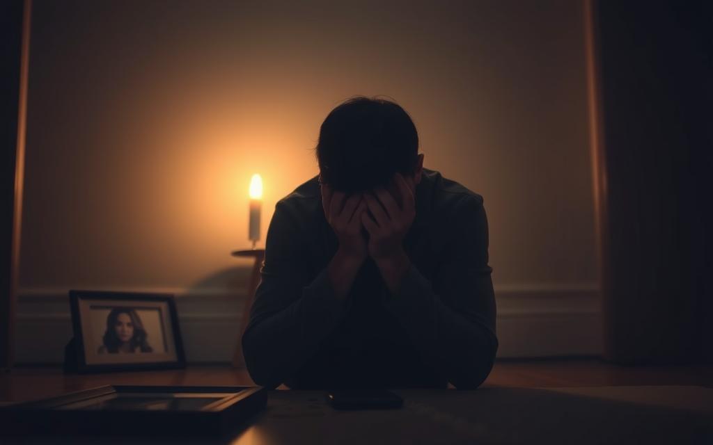 A heartbroken individual, head in hands, sits in a dimly lit room, the shadows cast by a single flickering candle. The air is thick with a sense of betrayal, their face contorted in anguish, tears streaming down their cheeks. In the background, a shattered framed photograph lies on the floor, a reminder of a once-cherished relationship now torn apart. Soft, hazy lighting creates an atmosphere of emotional turmoil, while the narrow depth of field focuses the viewer's attention on the subject's raw, vulnerable state. The overall scene conveys the deep, visceral pain of a broken trust, a poignant exploration of the impact of cheating on intimate connections.