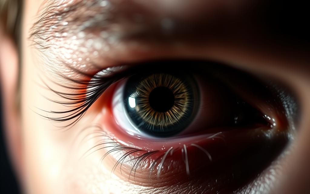A high-contrast close-up of a human eye, with the iris and pupil sharply in focus. The eye appears intense and analytical, with subtle movement and shifting patterns of activity across the sclera and eyelid. The lighting is dramatic, creating strong shadows and highlights that accentuate the eye's complex textures and structures. The background is a blurred, neutral tone, allowing the eye to be the central subject. The overall impression is one of keen observation, scrutiny, and the subtle physiological cues associated with lie detection through NLP techniques.