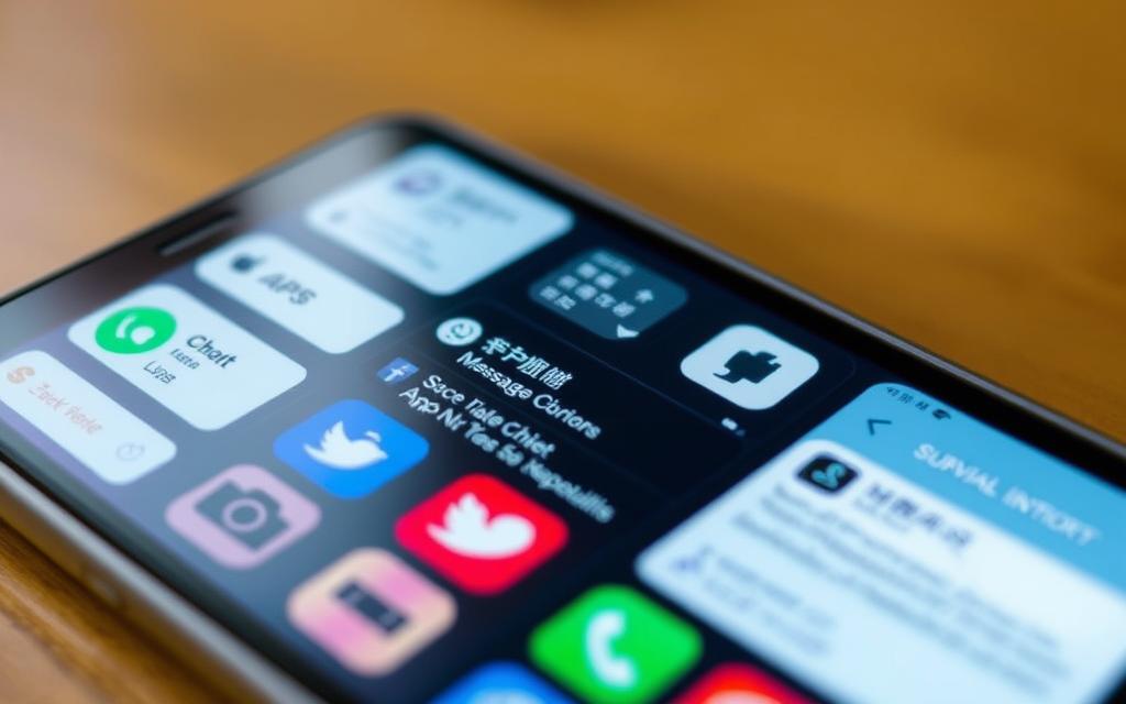 A high-resolution digital image of a smartphone screen displaying various surveillance-related messaging apps and notifications. The screen is well-lit, with a crisp, clear display. In the foreground, the apps showcase features like GPS tracking, call logs, and chat histories. The middle ground includes social media notifications and location-based alerts. The background blurs slightly, creating a sense of focus on the smartphone's content. The overall atmosphere conveys the idea of invasive digital surveillance, with a subtle sense of unease and violation of privacy.