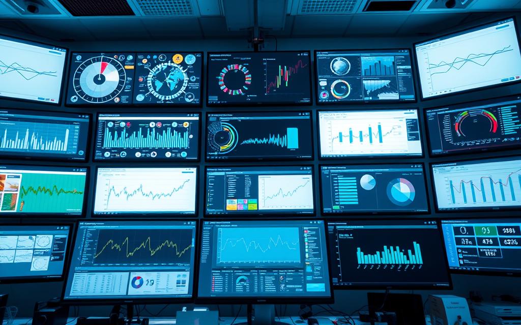 A high-tech monitoring dashboard filled with a variety of software tools and analytical interfaces. In the foreground, a sleek computer monitor displays real-time data visualizations and performance metrics. Behind it, an array of smaller screens showcase different monitoring applications, each with its own unique interface and functionality. The overall lighting is cool and clinical, casting a subtle glow across the workspace. The camera angle is positioned slightly above the setup, providing an immersive, almost bird's-eye view of the comprehensive technology suite dedicated to detecting patterns and anomalies.