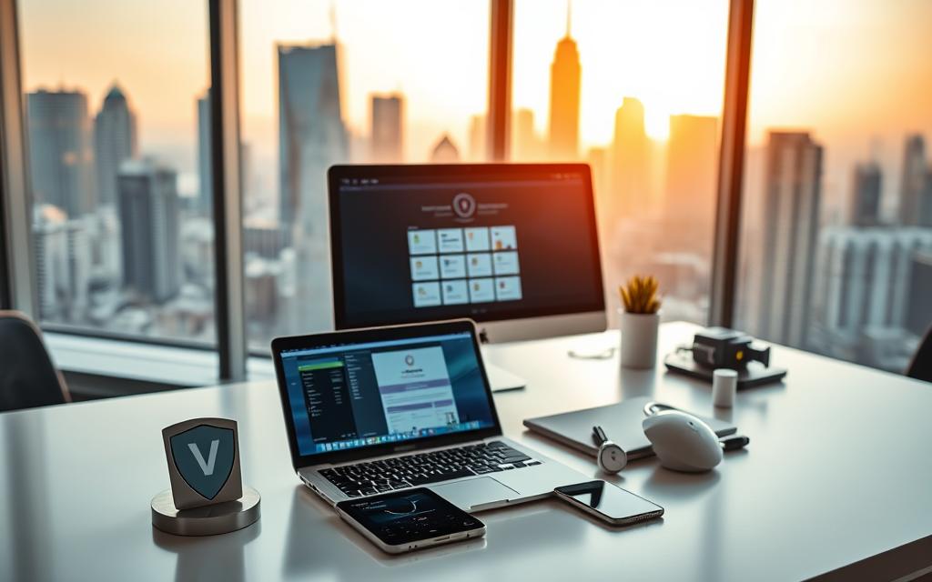 A high-tech office setup with a laptop, smartphone, and various security tools arranged neatly on a modern, minimalist desk. The foreground features a virtual private network (VPN) icon, a password manager, and an encryption software interface. The middle ground showcases a sleek, angular desktop computer with a screen displaying a secure web browsing session. In the background, a cityscape with towering skyscrapers is visible through a large window, bathed in a warm, golden light, conveying a sense of safety and digital fortification against potential online threats.