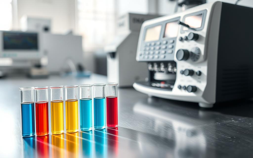 A highly detailed, close-up view of a DNA test analysis, with a focused, clinical aesthetic. In the foreground, a series of test tubes filled with vibrant, multicolored liquids sit on a sleek, stainless steel laboratory bench, casting soft, directional lighting. In the middle ground, a scientific instrument, such as a high-tech spectrophotometer or gene sequencer, dominates the frame, its complex array of dials, screens, and buttons suggesting the advanced technology at work. The background is blurred, hinting at the larger laboratory environment, with clean white walls and the faint outline of scientific equipment. The overall mood is one of precision, investigation, and the quest to uncover hidden truths. A highly detailed, close-up view of a DNA test analysis, with a focused, clinical aesthetic. In the foreground, a series of test tubes filled with vibrant, multicolored liquids sit on a sleek, stainless steel laboratory bench, casting soft, directional lighting. In the middle ground, a scientific instrument, such as a high-tech spectrophotometer or gene sequencer, dominates the frame, its complex array of dials, screens, and buttons suggesting the advanced technology at work. The background is blurred, hinting at the larger laboratory environment, with clean white walls and the faint outline of scientific equipment. The overall mood is one of precision, investigation, and the quest to uncover hidden truths.