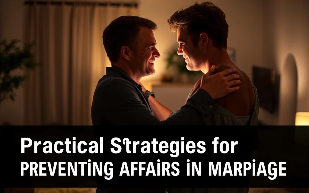 A loving couple, embracing each other, gazing into each other's eyes with a warm, affectionate expression. They are standing in a cozy, dimly lit room, with soft lighting creating a romantic atmosphere. The background is blurred, but hints of a comfortable, inviting home can be seen, reflecting the couple's commitment to their relationship. The couple's body language and the tender moment they share convey a sense of intimacy, trust, and a shared desire to deepen their connection, serving as a visual representation of "Practical Strategies for Preventing Affairs in Marriage".