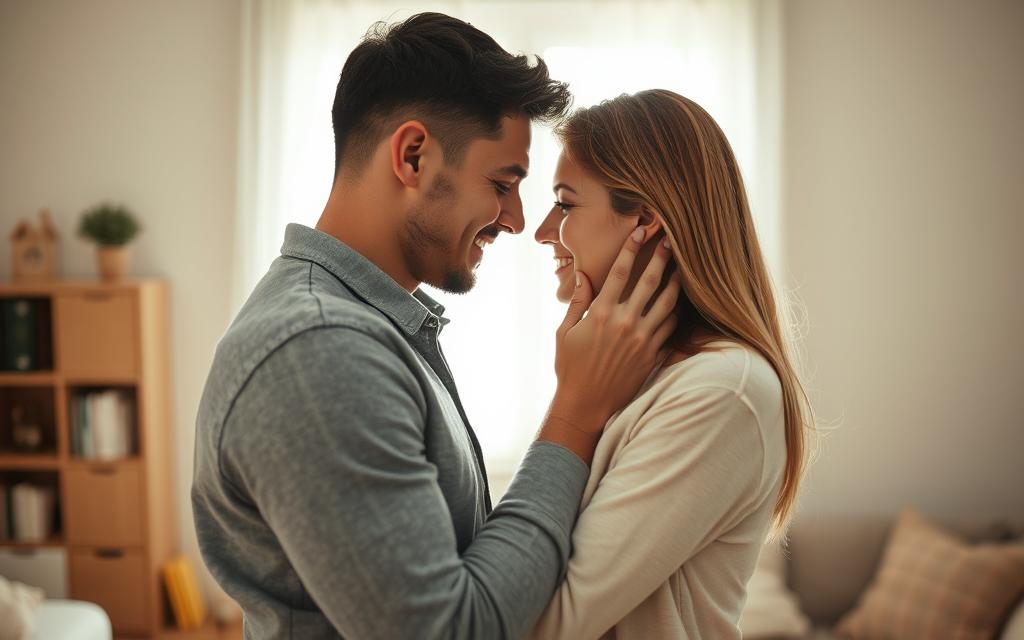 A loving couple, faces close, eyes locked in a tender embrace, vulnerability and trust palpable. The woman's hand gently caresses her partner's cheek, a gesture of forgiveness and rekindled intimacy. Soft, warm lighting from an unseen window bathes them in a glow, creating an atmosphere of healing and vulnerability. In the background, a simple, uncluttered room, neutral tones and minimal decor, allowing the focus to remain on the couple's reconnection. The image conveys the fragile, yet hopeful, process of rebuilding trust and emotional closeness after a breach of trust. A loving couple, faces close, eyes locked in a tender embrace, vulnerability and trust palpable. The woman's hand gently caresses her partner's cheek, a gesture of forgiveness and rekindled intimacy. Soft, warm lighting from an unseen window bathes them in a glow, creating an atmosphere of healing and vulnerability. In the background, a simple, uncluttered room, neutral tones and minimal decor, allowing the focus to remain on the couple's reconnection. The image conveys the fragile, yet hopeful, process of rebuilding trust and emotional closeness after a breach of trust.