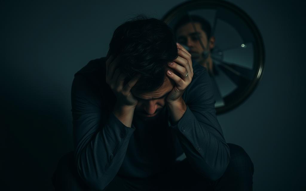 A man sits alone, head in his hands, overwhelmed by the crushing weight of emotional turmoil. His face is contorted in anguish, a visual representation of the shock and impact of discovering his partner's infidelity. The scene is bathed in somber, muted tones, the shadows accentuating the sense of isolation and despair. In the background, a shattered mirror reflects a fragmented, distorted image, symbolizing the shattered trust and the fragmentation of the relationship. The lighting is low and dramatic, creating an atmospheric, melancholic mood that captures the raw, visceral emotions associated with this devastating betrayal.