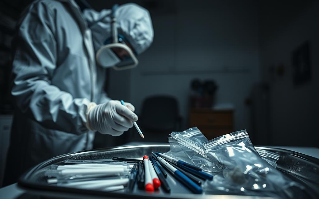 A meticulous scene of evidence collection unfolds. In the foreground, a forensic investigator in a white protective suit carefully dusts for fingerprints on a surface, their movements precise and focused. The middle ground reveals a selection of tools - swabs, tweezers, and evidence bags - neatly organized on a steel tray, ready for use. In the background, a dimly lit room with sterile white walls, punctuated by the soft glow of task lighting, creating an atmosphere of methodical examination. The overall tone is one of analytical detachment, with every detail meticulously documented to establish the chain of custody and preserve the integrity of the evidence. A meticulous scene of evidence collection unfolds. In the foreground, a forensic investigator in a white protective suit carefully dusts for fingerprints on a surface, their movements precise and focused. The middle ground reveals a selection of tools - swabs, tweezers, and evidence bags - neatly organized on a steel tray, ready for use. In the background, a dimly lit room with sterile white walls, punctuated by the soft glow of task lighting, creating an atmosphere of methodical examination. The overall tone is one of analytical detachment, with every detail meticulously documented to establish the chain of custody and preserve the integrity of the evidence.