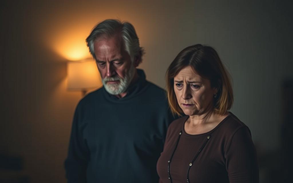 A middle-aged couple standing in a dimly lit room, the air thick with tension. The man, head hung low, his face etched with regret. The woman, her expression a mix of hurt and disappointment, her eyes downcast. The room is sparsely furnished, a single lamp casting a warm, but melancholic glow. The walls are a neutral hue, adding to the sense of isolation and introspection. The lighting is soft, with shadows playing across the couple's features, hinting at the complexity of their emotions. The overall atmosphere is one of maturity, vulnerability, and the weight of a relationship tested by infidelity.