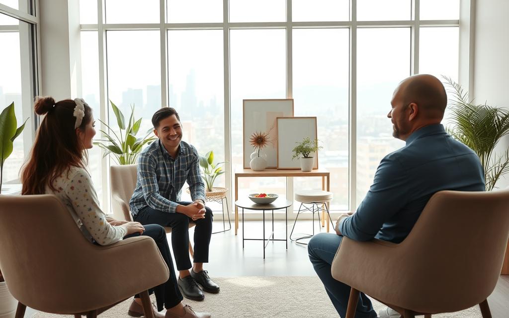 A modern and minimalist counseling office interior, with large windows allowing natural light to fill the space. In the foreground, a couple sits across from a compassionate therapist, engaged in a heartfelt discussion. The middle ground features tasteful décor, including plants and modern art pieces, creating a calming and professional ambiance. The background showcases a serene city skyline, hinting at the broader context and the journey the couple is undertaking. The lighting is soft and diffused, conveying a sense of warmth and understanding. The overall mood is one of trust, empathy, and the possibility of healing.