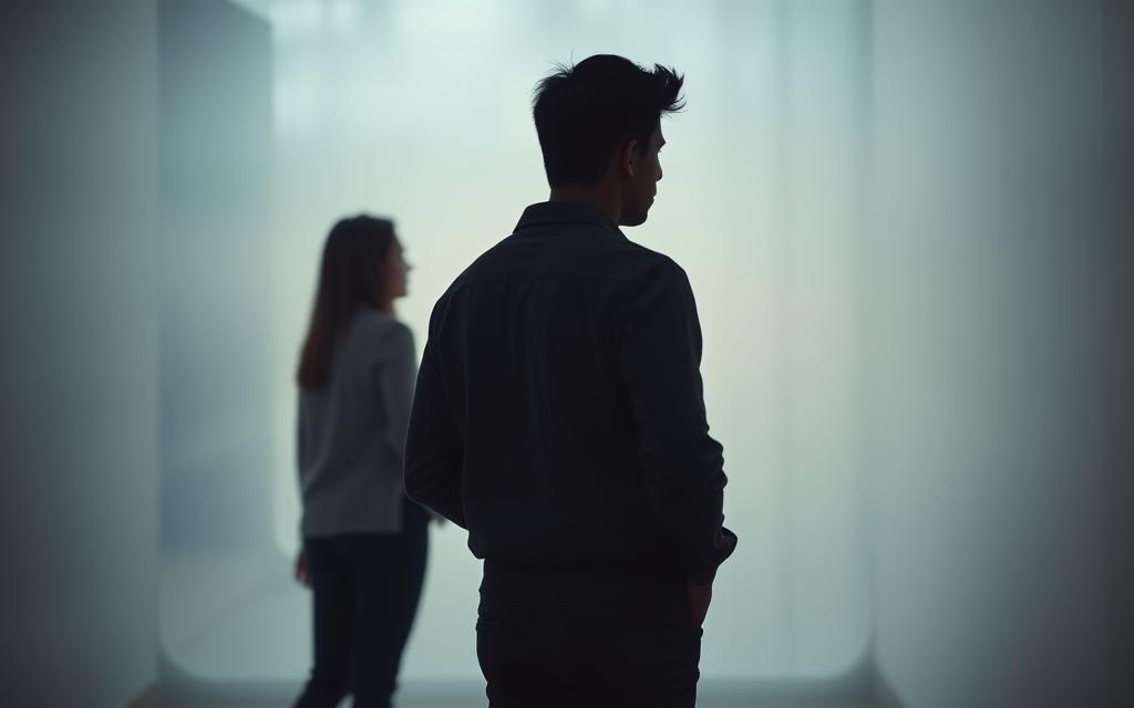 A modern couple standing in a dimly lit room, their body language and distant expressions conveying a sense of emotional disconnect and growing distrust. The foreground features the two figures facing away from each other, their shoulders slumped and hands in their pockets, while the background is hazy and blurred, suggesting a lack of focus and clarity in their relationship. The overall atmosphere is one of unease and uncertainty, with muted colors and soft, diffused lighting casting a somber mood over the scene.