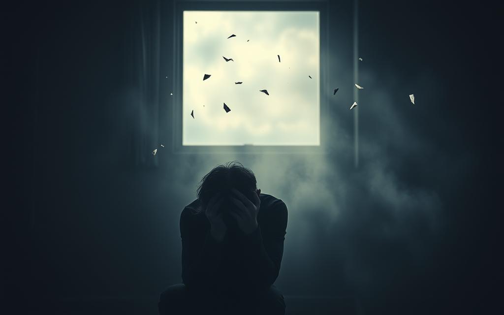 A moody, cinematic scene depicting the stages of grief after infidelity. In the foreground, a figure sits in a dark room, their head in their hands, overwhelmed by a tidal wave of emotions - shock, anger, betrayal. Soft, diffused lighting casts shadows across their anguished expression. In the middle ground, a series of mirrored reflections show the progression of their emotional journey - denial, bargaining, depression. The background is hazy and dreamlike, with shards of memories and shattered trust drifting through the air. The overall atmosphere is one of raw vulnerability and the bittersweet struggle to find acceptance and healing.