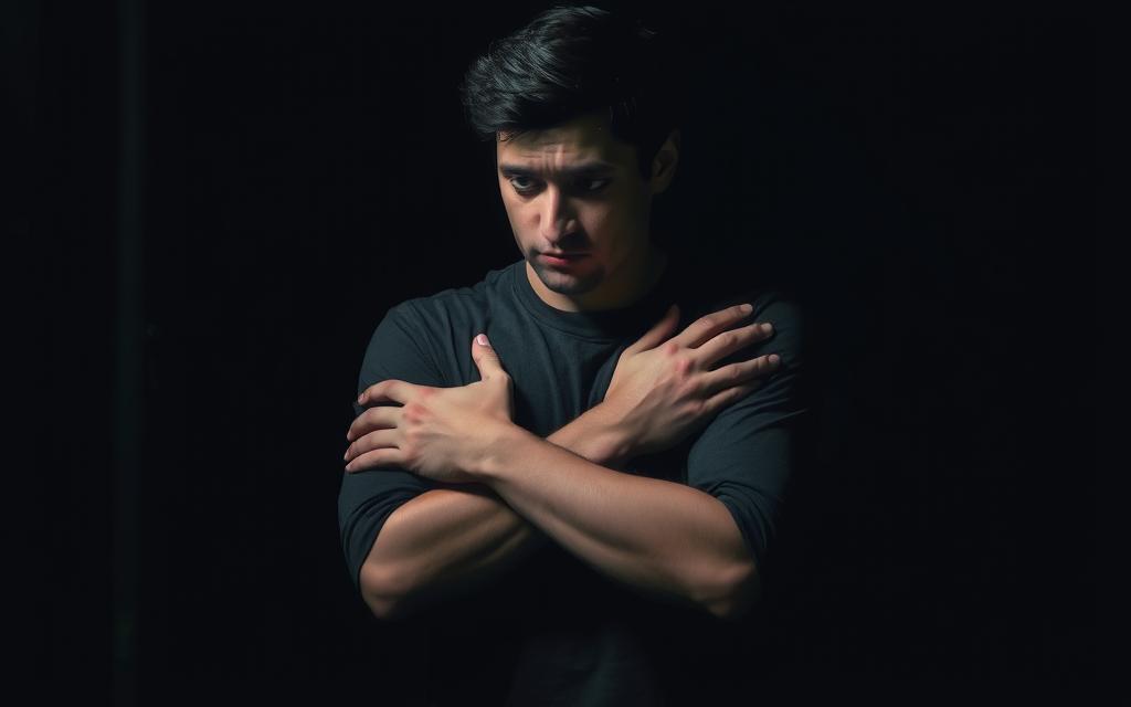 A pensive individual in a dimly lit, introspective setting. Their arms are crossed tightly over their chest, shoulders hunched, gaze averted - conveying a sense of guardedness and defensiveness. The lighting is soft, with shadows accentuating the subject's closed-off posture. The background is blurred, keeping the focus on the figure's subtle, guarded body language. Captured with a medium-range lens, the composition emphasizes the subject's closed-off stance, creating an atmosphere of unease and discomfort.