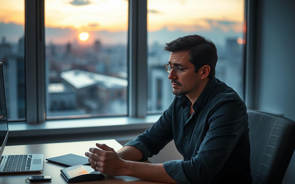 A pensive individual seated at a desk, fingers drumming, eyes darting side-to-side, body language conveying unease and distraction. In the background, a window overlooking a city at dusk, the setting sun casting long shadows. The lighting is soft, creating a contemplative, almost melancholic atmosphere. The scene is captured with a medium-wide angle lens, emphasizing the subject's isolated, introspective state. The overall mood suggests the subtle behavioral changes that may indicate an underlying emotional conflict or infidelity.