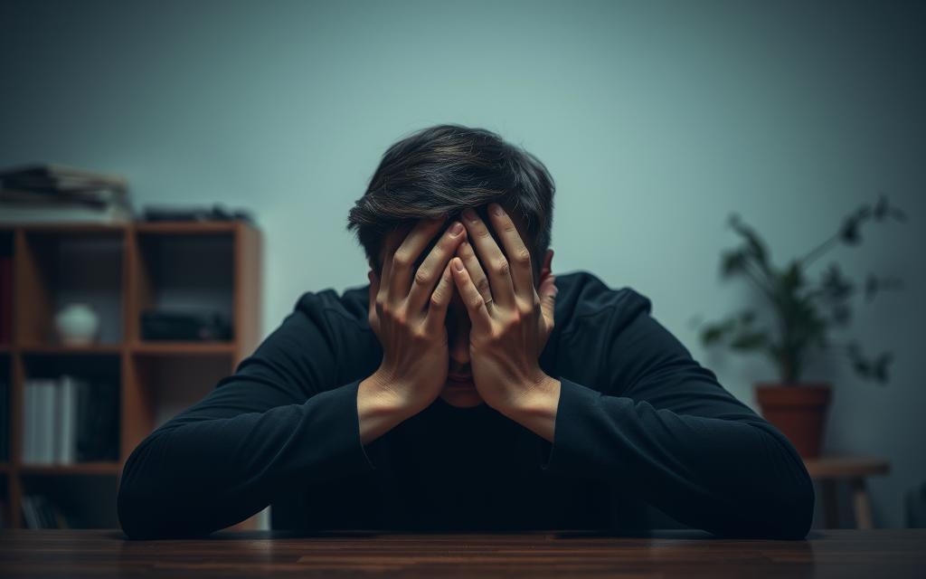 A pensive individual sits at a table, their face obscured by their hands. The lighting is soft and muted, casting a contemplative atmosphere. In the background, subtle hints of a domestic setting - a bookshelf, a potted plant - suggest the intimacy and complexity of the situation. The composition is balanced, with the subject's posture conveying a sense of emotional turmoil and introspection. The image evokes the nuanced emotions and personal struggles associated with understanding the motives behind infidelity.