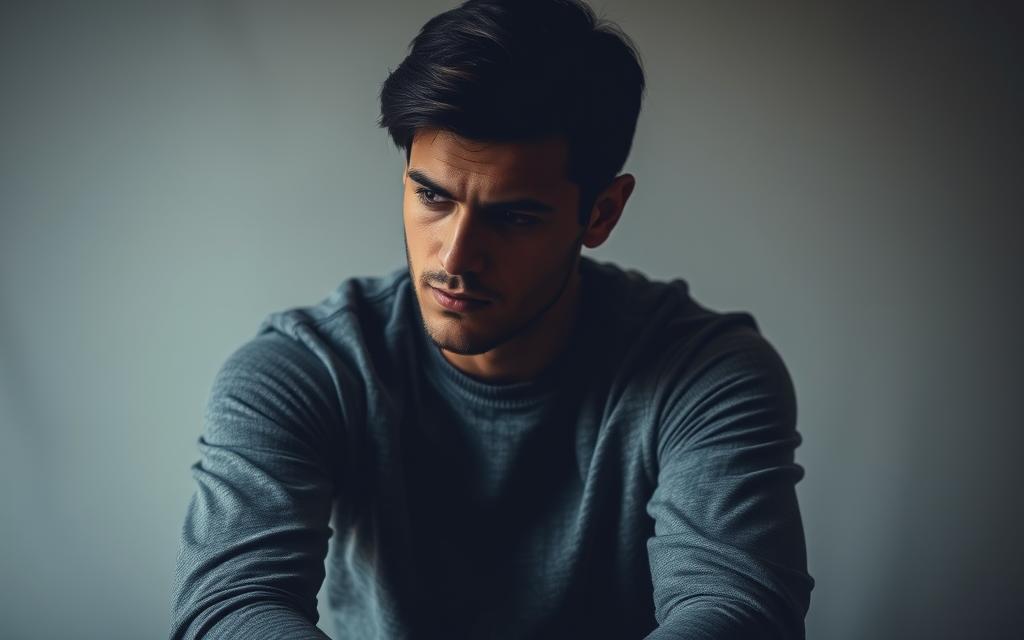 A pensive man sits alone, his face half-obscured by shadow, deep in contemplation. The background is a minimalist, muted palette, creating a sense of introspection. Soft, diffused lighting illuminates the man's features, casting subtle highlights and shadows that reveal the complexity of his emotional state. His gaze is averted, suggesting an internal struggle or the compartmentalization of his thoughts and feelings. The composition is balanced, with the man's posture and the negative space around him conveying a sense of isolation and the need for self-reflection.