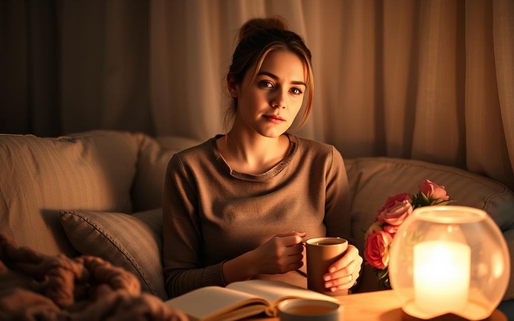 A pensive woman sits in a cozy, dimly lit room, surrounded by self-care essentials - a warm cup of tea, a journal, and a bundle of fresh flowers. Soft lighting casts a soothing glow, creating an atmosphere of introspection and healing. The woman's expression is contemplative, as she takes a moment to process her emotions and focus on her own well-being after a difficult personal betrayal. The scene conveys a sense of resilience, as she embarks on a journey of self-care and personal growth in the aftermath of infidelity.