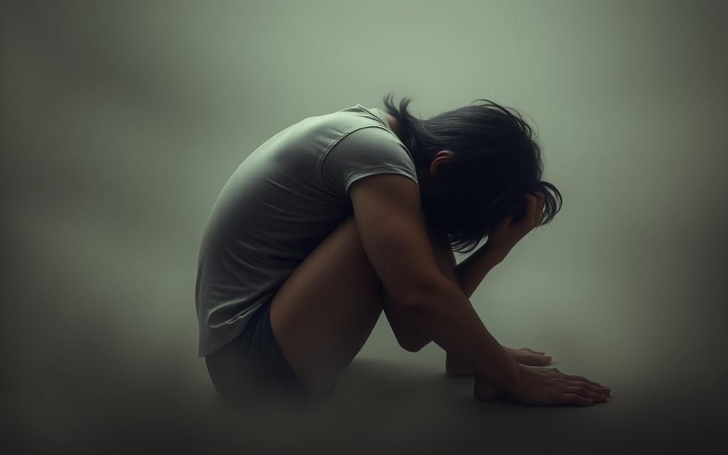 A person curled up in a fetal position, their face hidden in their hands, surrounded by a hazy, muted color palette. The lighting is soft and diffused, creating a somber, introspective atmosphere. The figure is alone, isolated in a void-like space, conveying a sense of emotional turmoil and overwhelming distress. The composition emphasizes the subject's vulnerability and the weight of the psychological trauma experienced. The image evokes a profound sense of sadness, loss, and the struggle to process the emotional aftermath of infidelity.