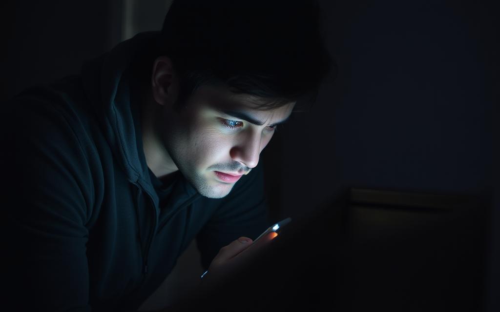 A person hunched over a smartphone, eyes glued to the screen, oblivious to their surroundings. The room is dimly lit, casting an eerie glow on their face, suggesting a secretive, furtive behavior. In the background, a half-open drawer or cabinet hints at the person's attempts to hide their phone usage. The overall atmosphere is one of unease and suspicion, capturing the essence of "unusual phone habits" that could potentially signal something more troubling.