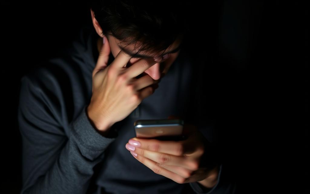A person hunched over a smartphone, their body language conveying a sense of protectiveness and caution. The image is captured in a moody, low-key lighting, casting dramatic shadows that emphasize the subject's furtive movements. The background is blurred, keeping the focus on the individual's private, almost secretive interaction with the device. The composition suggests a subtle, yet compelling narrative of heightened awareness and a desire for privacy amidst the digital landscape.