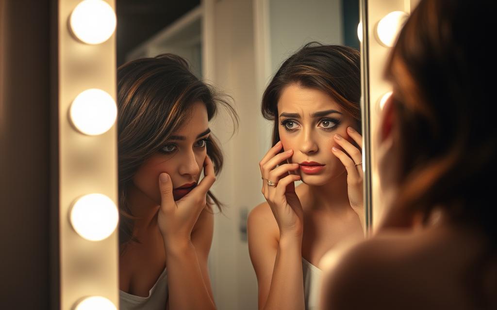 A person meticulously examining their appearance in a well-lit vanity mirror, their expression slightly concerned as they scrutinize every detail - hair, makeup, attire. The scene is intimate, conveying a sense of unease and self-consciousness, as if searching for subtle changes that might signal something amiss. The lighting is soft and flattering, casting a warm glow and highlighting the subject's features. The angle is slightly elevated, creating a sense of introspection and self-examination. The overall mood is pensive, subtly hinting at the emotional subtext of the scene.