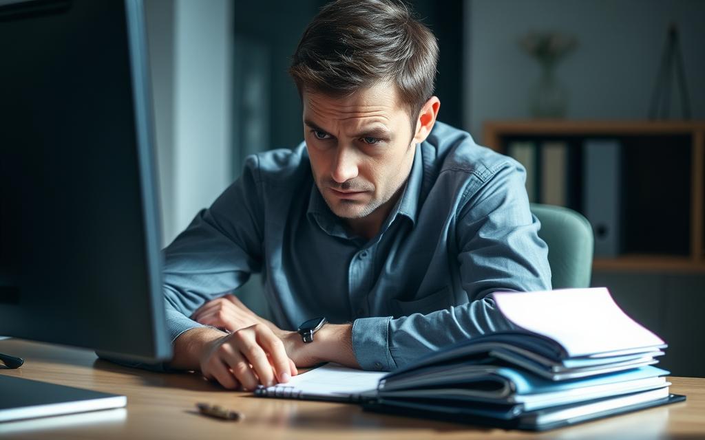 A person sitting at a desk, their expression pensive and distracted. The desk is meticulously organized, but small changes are evident - a pen out of place, a folder slightly askew. The person's body language is tense, shoulders hunched, eyes averted from the computer screen. The lighting is soft, creating shadows that accentuate the subtle shifts in their demeanor. The background is blurred, hinting at the familiar surroundings of an office, but the focus remains on the person and the subtle signs of a routine disrupted.