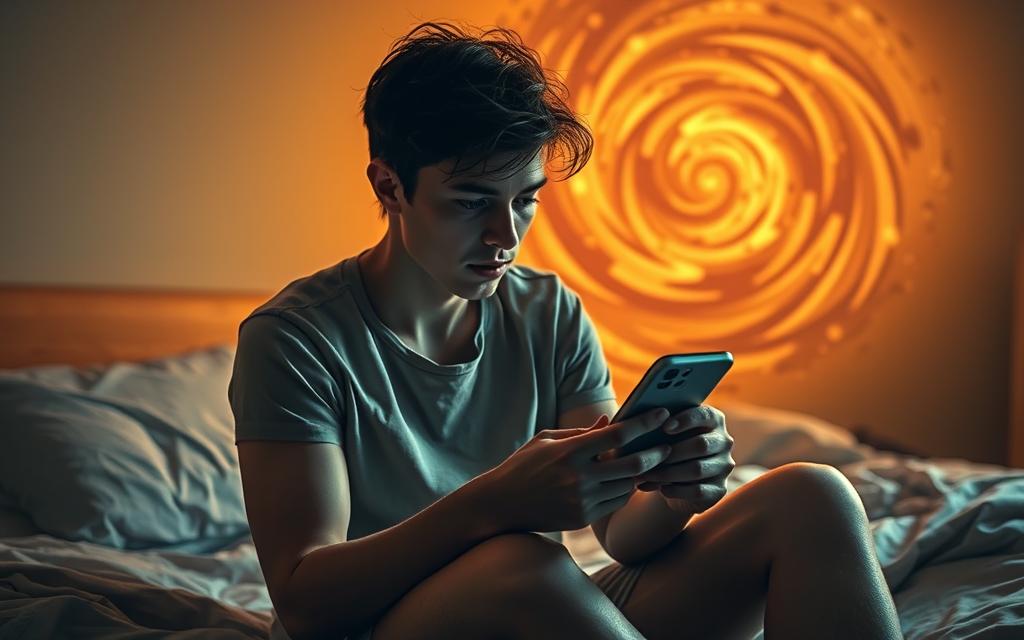 A person sitting on a bed, consumed by a sense of restlessness and dissatisfaction. Their gaze is transfixed on a smartphone, fingers twitching with an insatiable need for instant gratification. The room is bathed in a warm, golden light, creating an atmosphere of languid temptation, yet tinged with a subtle unease. In the background, a swirling vortex of emotions, desires, and impulses seem to converge, reflecting the inner turmoil of the subject. The image conveys a conflicted state of mind, where the pursuit of momentary pleasure clashes with the struggle for self-control.