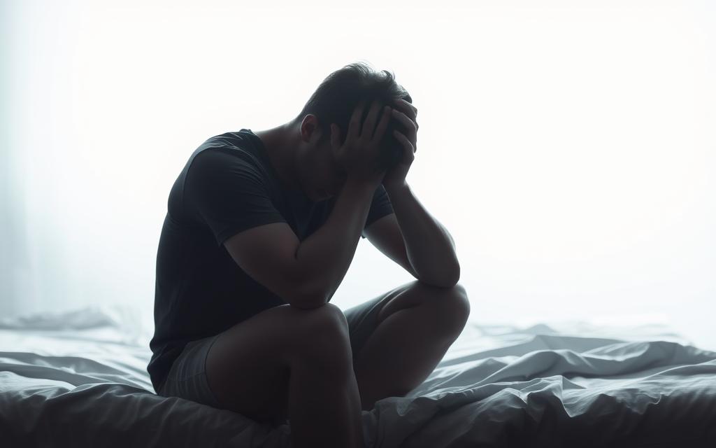 A person sitting on the edge of a bed, shoulders hunched, head in their hands, expression conveying profound emotional distress. Soft, hazy lighting casts shadows across the figure, creating an atmosphere of introspection and vulnerability. The background is a muted, monochromatic space, devoid of distractions, allowing the focus to remain on the individual's emotional turbulence. The composition is intimate, drawing the viewer in to empathize with the subject's internal struggle. Subtle details, such as crumpled bedsheets or a sense of isolation, further emphasize the emotional turmoil being experienced.