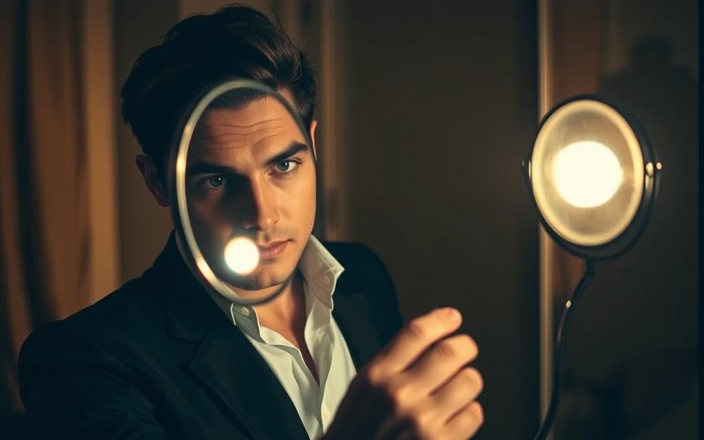 A person's appearance and grooming habits can dramatically shift as a sign of infidelity. In this image, depict a stylishly dressed individual, their face partially obscured by a hand mirror, examining their reflection with a pensive, almost guilty expression. The lighting should be moody, with warm tones that create an atmosphere of uncertainty and unease. The background should be a minimalist, domestic setting, perhaps a bedroom or vanity, adding to the sense of intimacy and interiority. Capture the subject's restless energy, as if caught in a moment of self-scrutiny, highlighting the emotional turmoil that can accompany the behavioral changes associated with unfaithfulness. A person's appearance and grooming habits can dramatically shift as a sign of infidelity. In this image, depict a stylishly dressed individual, their face partially obscured by a hand mirror, examining their reflection with a pensive, almost guilty expression. The lighting should be moody, with warm tones that create an atmosphere of uncertainty and unease. The background should be a minimalist, domestic setting, perhaps a bedroom or vanity, adding to the sense of intimacy and interiority. Capture the subject's restless energy, as if caught in a moment of self-scrutiny, highlighting the emotional turmoil that can accompany the behavioral changes associated with unfaithfulness.