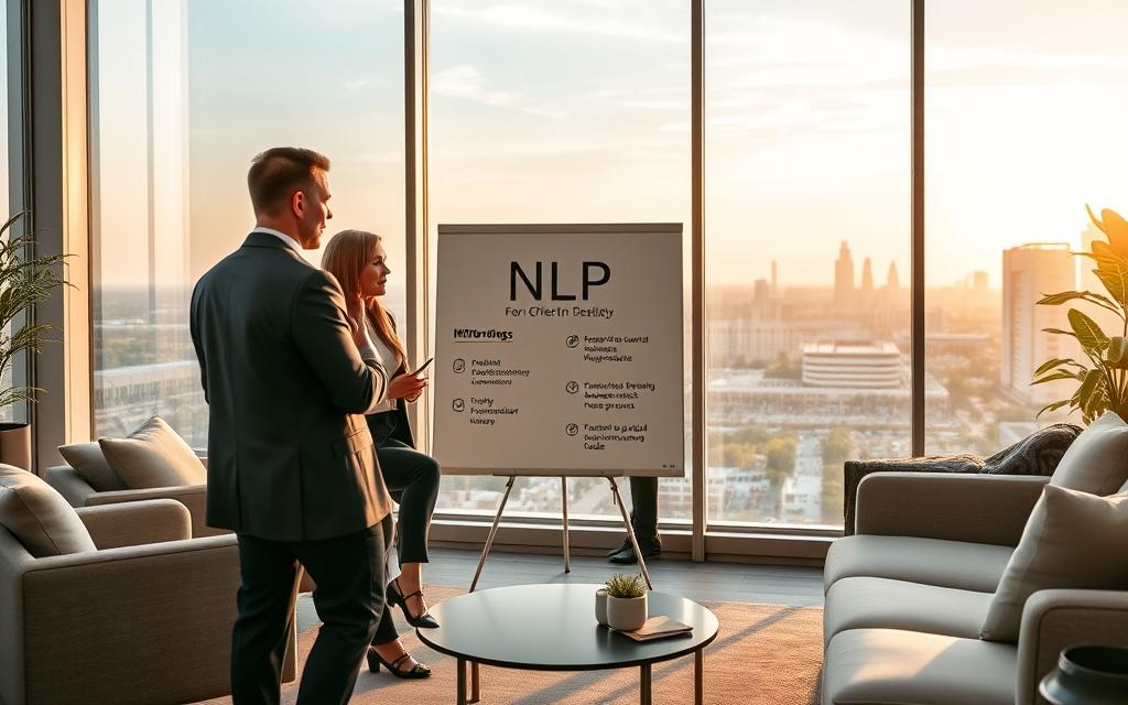 A professional business meeting room with large windows, soft lighting, and modern furniture. In the foreground, three people are engaged in a lively discussion, their body language and facial expressions conveying a sense of rapport and understanding. Subtle NLP techniques, such as mirroring and active listening, are evident in their interactions. The middle ground features a whiteboard or digital display showcasing key concepts and benefits of NLP for effective communication. The background depicts a serene city skyline, suggesting a productive and progressive atmosphere. The overall scene captures the advantages of implementing NLP strategies to foster trust, empathy, and mutual respect in professional settings.