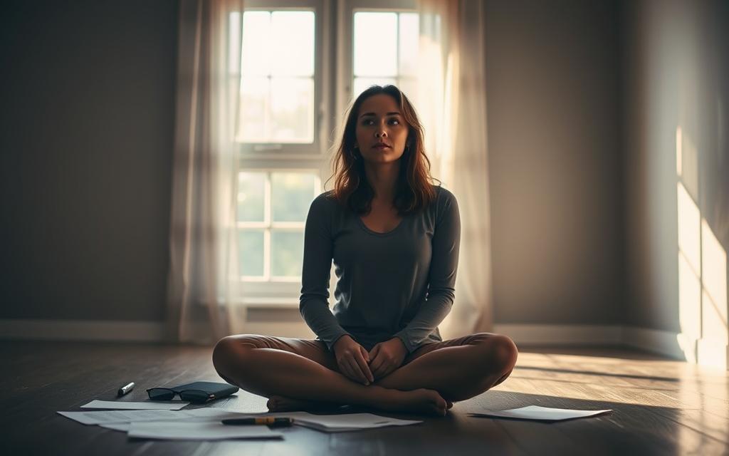A serene, dimly lit room with soft, warm lighting. In the foreground, a woman sits cross-legged on the floor, surrounded by scattered papers and a pen. Her expression is pensive, as she contemplates setting healthy boundaries after experiencing the betrayal of infidelity. The middle ground features a large window, allowing natural light to stream in, symbolizing a sense of clarity and hope. The background depicts a minimalist, soothing color palette, conveying a calming atmosphere conducive to emotional healing. The overall scene evokes a sense of introspection, determination, and the journey towards personal growth in the aftermath of a relationship's breach of trust.
