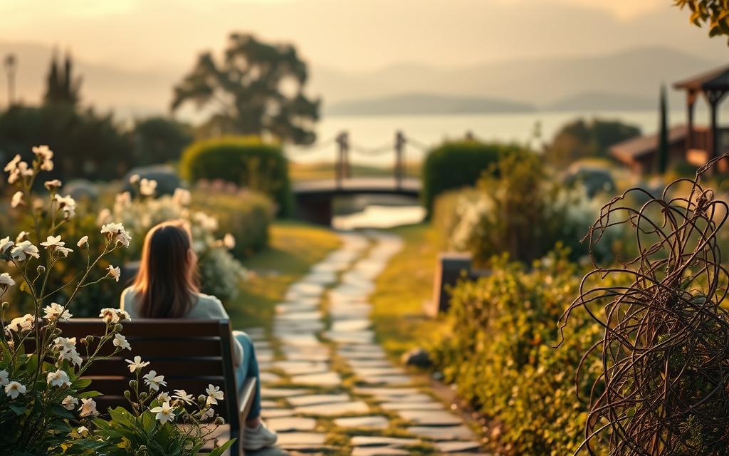 A serene garden setting, with a winding path leading the viewer through the stages of the infidelity recovery process. In the foreground, a couple sits on a bench, their faces filled with thoughtful contemplation. Surrounding them, symbolic flora blooms - delicate white flowers representing the fragility of trust, intertwined vines signifying the gradual rebuilding of connection. In the middle ground, a bridge arches over a tranquil stream, suggesting the journey of crossing from hurt to healing. Warm, diffused lighting casts a gentle glow, creating an atmosphere of introspection and renewal. In the background, lush greenery and a soft, hazy sky convey a sense of growth and possibility, hinting at the potential for restoration and a brighter future.