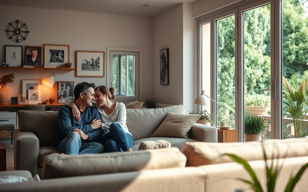 A serene home interior with warm, natural lighting illuminating a peaceful living room. In the foreground, a loving couple sits together on a plush couch, their body language conveying mutual understanding and respect. The middle ground features carefully arranged personal items, such as framed photographs and artful decor, symbolizing a shared life and shared interests. In the background, large windows provide a view of a lush, verdant garden, evoking a sense of balance, growth, and connection to the natural world. The overall atmosphere exudes a feeling of security, comfort, and emotional intimacy - the hallmarks of a healthy, thriving marriage.