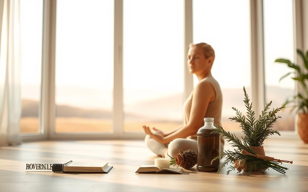 A serene, light-filled room with soft, natural lighting filtering in through large windows. In the foreground, a person sits in a meditative pose, their hands gently resting on their lap, symbolizing the inner healing process. In the middle ground, various objects representing the stages of recovery are arranged, such as a journal, a candle, and a bouquet of healing herbs. The background features a calming, abstract landscape with muted tones, conveying a sense of tranquility and introspection. The overall mood is one of introspection, contemplation, and the gradual restoration of inner balance.