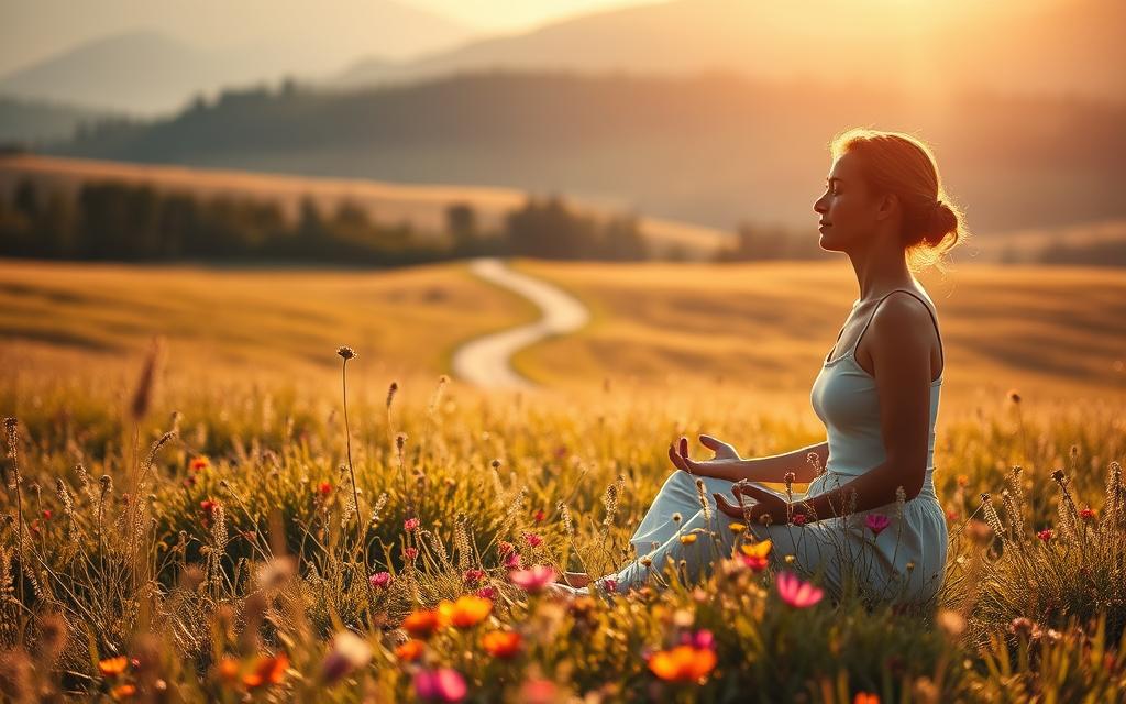 A serene meadow bathed in soft, golden light. In the foreground, a person sitting in a meditative pose, their eyes closed, hands resting gently on their lap. Surrounding them, delicate wildflowers in vibrant hues sway gently in a calm breeze. In the middle ground, a winding path leads to a distant forest, its trees casting long, comforting shadows. The background is filled with rolling hills, their silhouettes painted in hues of lavender and indigo, conveying a sense of tranquility and inner reflection. The overall atmosphere is one of healing, peace, and the transformative power of introspection.