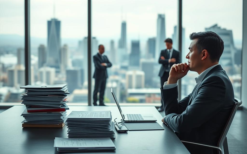 A serene office setting with a large window overlooking a city skyline. In the foreground, a businessman sits at a desk, deep in thought, surrounded by stacks of documents and a laptop. The middle ground features a trio of people in business attire engaged in a tense discussion, representing the balancing act between ethics, privacy, and legal implications. In the background, a cityscape with towering skyscrapers conveys the technological and legal complexities of the modern world. Soft, diffused lighting creates a contemplative atmosphere, inviting the viewer to ponder the delicate equilibrium between these critical factors.