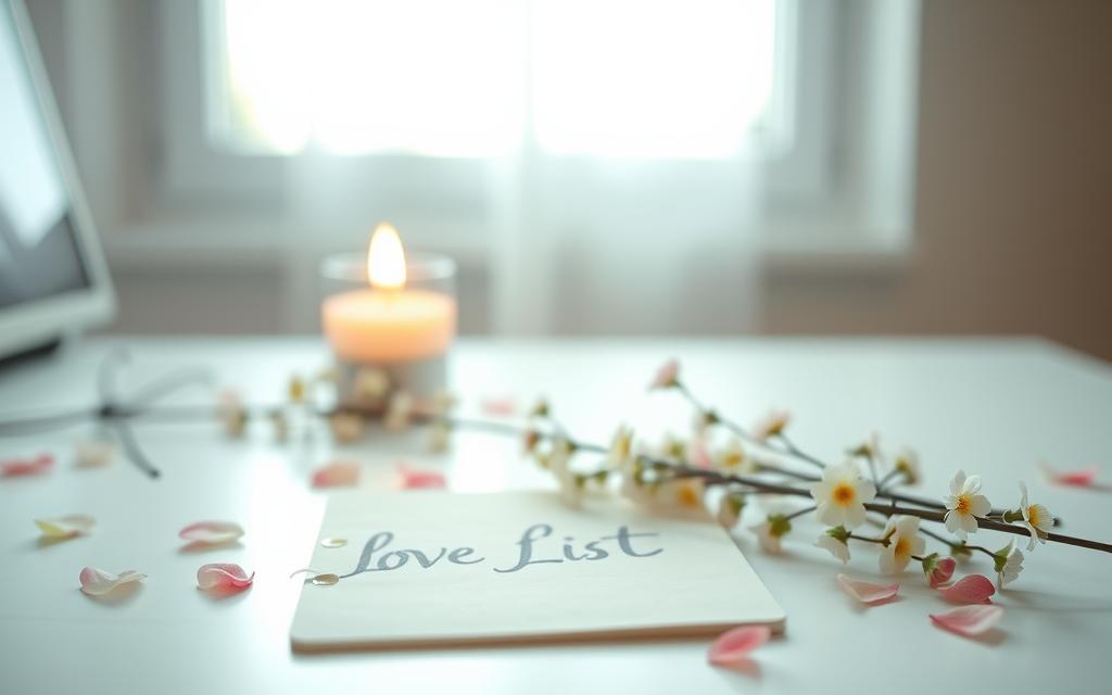A serene, softly lit desktop with a clean, minimalist aesthetic. In the foreground, a simple notepad with the words "Love List" written in a flowing, cursive script. Surrounding the notepad, an arrangement of delicate flowers, petals scattered across the surface. In the middle ground, a single lit candle, its warm glow casting a gentle, reflective light across the scene. In the background, a blurred, out-of-focus window, allowing natural daylight to filter in and create a sense of tranquility and clarity. The overall mood is one of thoughtfulness, introspection, and a focused, intentional pursuit of self-discovery.