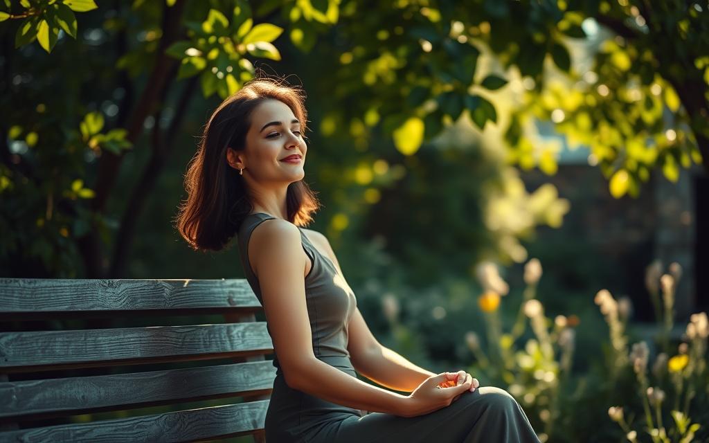 A serene, sun-dappled garden setting, with a woman seated on a weathered wooden bench, her face radiating tranquility and inner peace. Soft, golden light filters through the canopy of lush, verdant foliage, creating a soothing, therapeutic atmosphere. The woman's posture is relaxed, her hands resting gently in her lap, as she gazes inward, her expression reflecting a sense of healing and restoration after a difficult emotional journey. The background is softly blurred, allowing the viewer to focus on the woman's contemplative presence, a symbol of the resilience and inner strength found in the aftermath of infidelity.