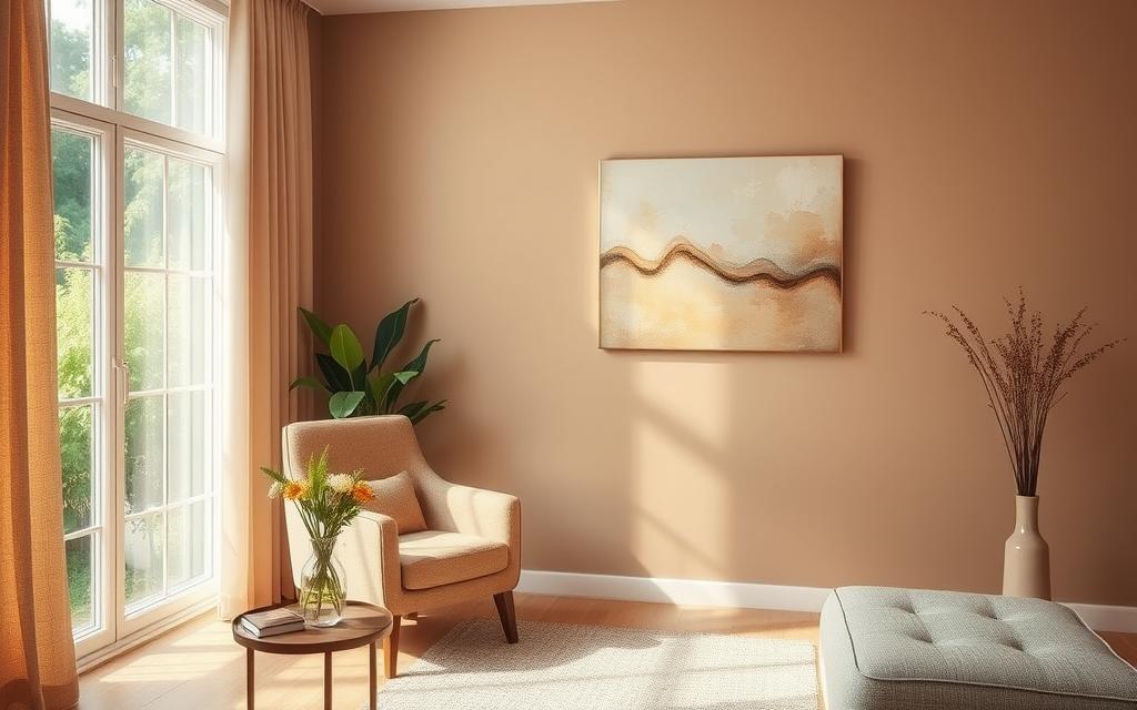 A serene, sunlit therapy room with soothing earth-toned furnishings. A comfortable armchair and a small side table with a vase of fresh flowers in the foreground. In the middle ground, a calming, abstract painting hangs on the wall, reflecting the tranquil atmosphere. The background features a large window overlooking a lush, verdant garden, casting a warm, natural light throughout the space. The overall mood is one of peace, comfort, and emotional support, conveying the healing journey of recovery and growth.
