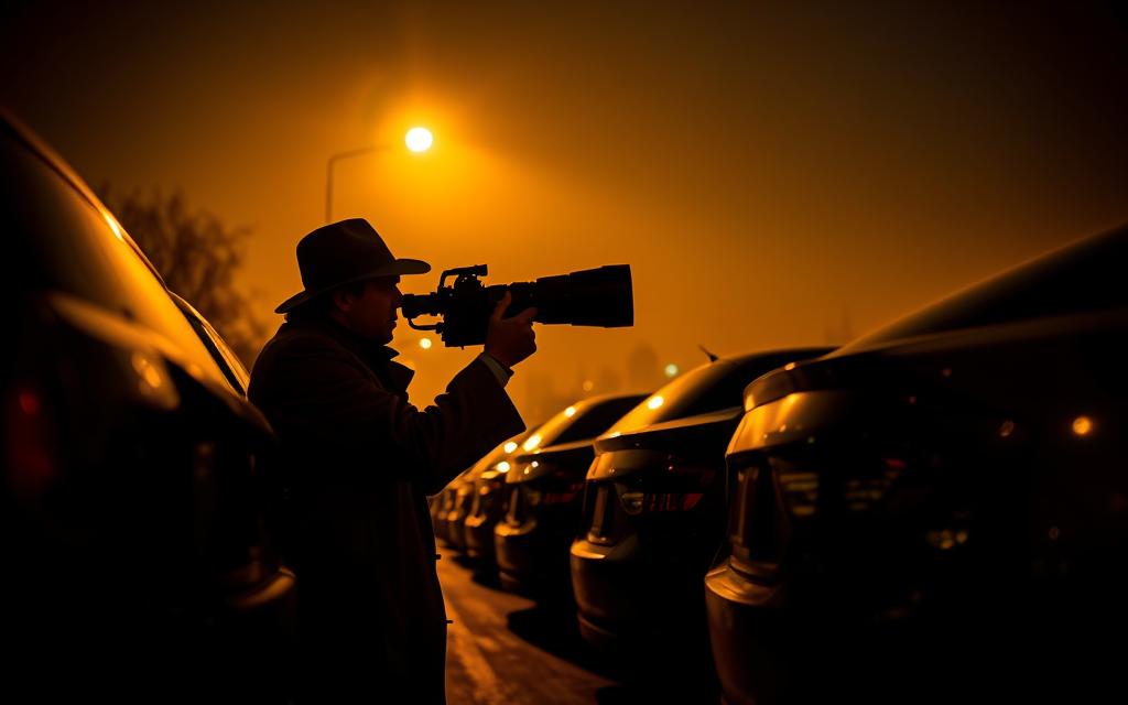 A shadowy figure in a trenchcoat and fedora crouches behind a row of parked cars, a high-powered camera with a long telephoto lens trained on a target in the distance. The scene is bathed in a warm, amber glow from a streetlight, casting deep shadows and highlighting the investigator's stealth and focus. In the background, the faint outline of a city skyline can be seen, conveying a sense of urban isolation and the target's potential location. The atmosphere is tense, with a sense of cautious anticipation as the private investigator prepares to capture incriminating evidence.