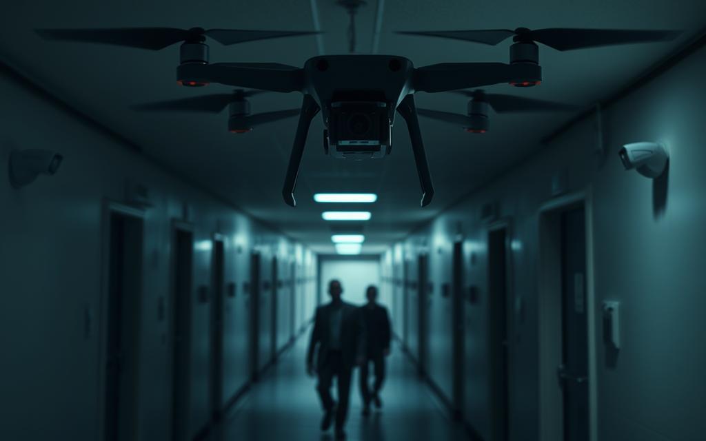 A shadowy surveillance scene, bathed in the soft glow of overhead lighting. In the foreground, a compact drone hovers, its camera lens trained on the subjects below. In the middle ground, two figures walk furtively, their movements tracked by hidden security cameras mounted on the walls. The background is a maze of corridors and doorways, suggesting a complex, high-security environment. The atmosphere is tense and foreboding, conveying the sense of being watched and monitored at every turn. The image is captured through a wide-angle lens, giving it a sense of depth and scale, and the lighting is moody and atmospheric, casting dramatic shadows and highlights across the scene. A shadowy surveillance scene, bathed in the soft glow of overhead lighting. In the foreground, a compact drone hovers, its camera lens trained on the subjects below. In the middle ground, two figures walk furtively, their movements tracked by hidden security cameras mounted on the walls. The background is a maze of corridors and doorways, suggesting a complex, high-security environment. The atmosphere is tense and foreboding, conveying the sense of being watched and monitored at every turn. The image is captured through a wide-angle lens, giving it a sense of depth and scale, and the lighting is moody and atmospheric, casting dramatic shadows and highlights across the scene.