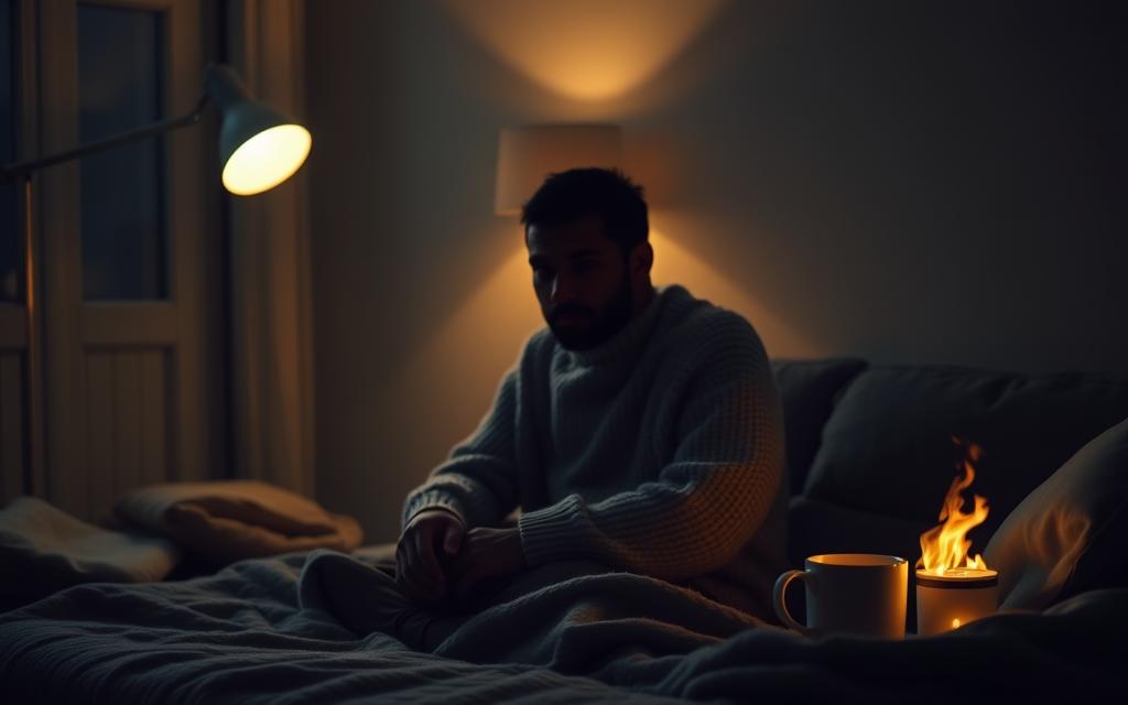 A solitary figure sits in a cozy, dimly lit room, enveloped in a soft, oversized sweater. The warm glow of a single lamp casts a gentle light, creating a sense of intimacy and introspection. Surrounded by the comforting presence of simple decor, such as a plush throw blanket and a mug of steaming tea, the individual appears to be deep in thought, processing the emotions and complexities of self-care after experiencing infidelity. The scene conveys a sense of quiet strength, resilience, and the start of a personal journey towards healing and recovery.