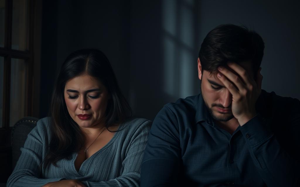 A somber, dimly lit room where a couple sits in emotional turmoil. The woman's face is wracked with grief, tears streaming down her cheeks, as she grapples with the betrayal of her partner's infidelity. The man, head in his hands, exudes regret and shame, the weight of his actions visibly crushing him. The atmosphere is heavy with the palpable tension and pain of a marriage in crisis. A single beam of light cuts through the darkness, highlighting the raw anguish etched upon their faces, a visual metaphor for the emotional impact of this devastating breach of trust. A somber, dimly lit room where a couple sits in emotional turmoil. The woman's face is wracked with grief, tears streaming down her cheeks, as she grapples with the betrayal of her partner's infidelity. The man, head in his hands, exudes regret and shame, the weight of his actions visibly crushing him. The atmosphere is heavy with the palpable tension and pain of a marriage in crisis. A single beam of light cuts through the darkness, highlighting the raw anguish etched upon their faces, a visual metaphor for the emotional impact of this devastating breach of trust.