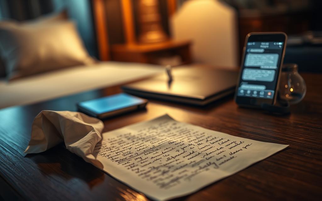 A sophisticated, discreet scene depicting the undeniable proof of infidelity. In the foreground, a crumpled love letter lies on a polished wooden desk, the handwriting revealing intimate secrets. Soft, warm lighting casts a subtle glow, creating an air of contemplation. In the middle ground, a smartphone displays incriminating text messages, the screen's glow illuminating the surrounding shadows. The background is blurred, hinting at the private setting - perhaps a hotel room or a secluded office. The overall atmosphere conveys a sense of discovery, the revelation of a hidden truth that can no longer be denied.