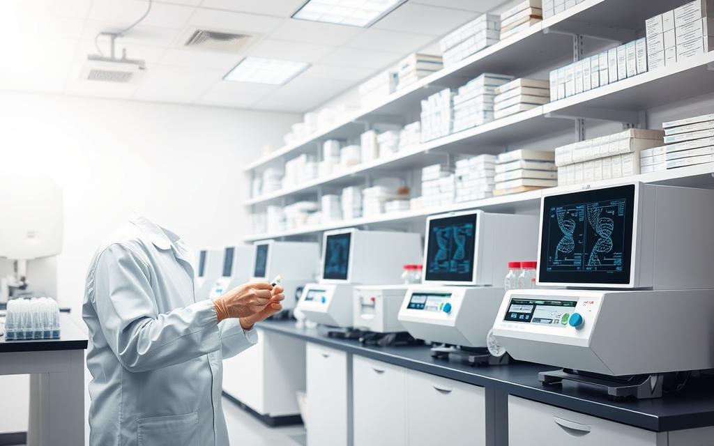 A sterile, well-lit laboratory setting. In the foreground, a technician in a white lab coat carefully handles DNA samples, their movements precise and methodical. In the middle ground, advanced scientific equipment like DNA sequencing machines and centrifuges stand ready, their displays showing intricate genetic data. The background features towering shelves of neatly organized sample vials and reference materials, conveying the systematic, rigorous nature of forensic DNA analysis. Soft, even lighting illuminates the scene, creating a sense of clinical professionalism and attention to detail. The overall mood is one of scientific inquiry and the pursuit of objective truth through the power of genetic evidence. A sterile, well-lit laboratory setting. In the foreground, a technician in a white lab coat carefully handles DNA samples, their movements precise and methodical. In the middle ground, advanced scientific equipment like DNA sequencing machines and centrifuges stand ready, their displays showing intricate genetic data. The background features towering shelves of neatly organized sample vials and reference materials, conveying the systematic, rigorous nature of forensic DNA analysis. Soft, even lighting illuminates the scene, creating a sense of clinical professionalism and attention to detail. The overall mood is one of scientific inquiry and the pursuit of objective truth through the power of genetic evidence.