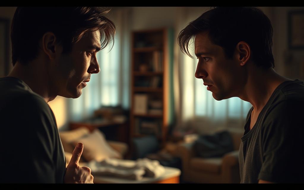 A tense, intimate confrontation scene. In the foreground, two people locked in a serious, emotional discussion, their faces expressing a range of complex feelings - worry, accusation, defensiveness. Soft, dramatic lighting casts shadows, creating a sense of drama and tension. The middle ground shows a cluttered, domestic setting - a living room or bedroom, with details that suggest an ongoing relationship. The background is blurred, hazy, emphasizing the intense focus on the confrontation at hand. The overall mood is one of deep unease, as if the viewer is intruding on a private, high-stakes moment. The figures are realistically rendered, with nuanced body language and facial expressions conveying the gravity of the situation.